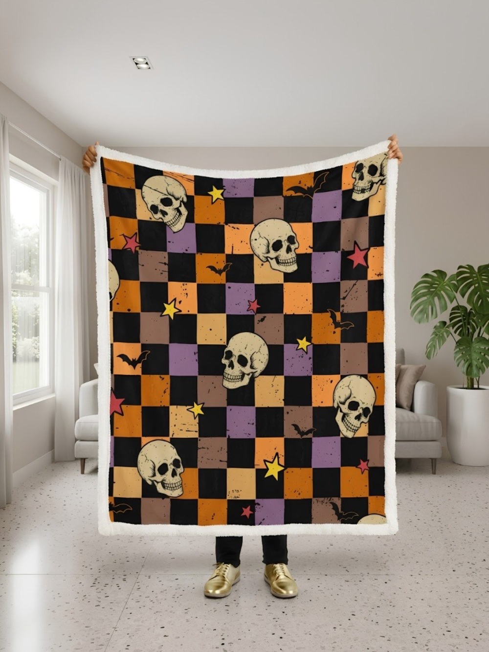 Halloween Skull Checkerboard Sherpa Throw Blanket - Black, Orange, Purple